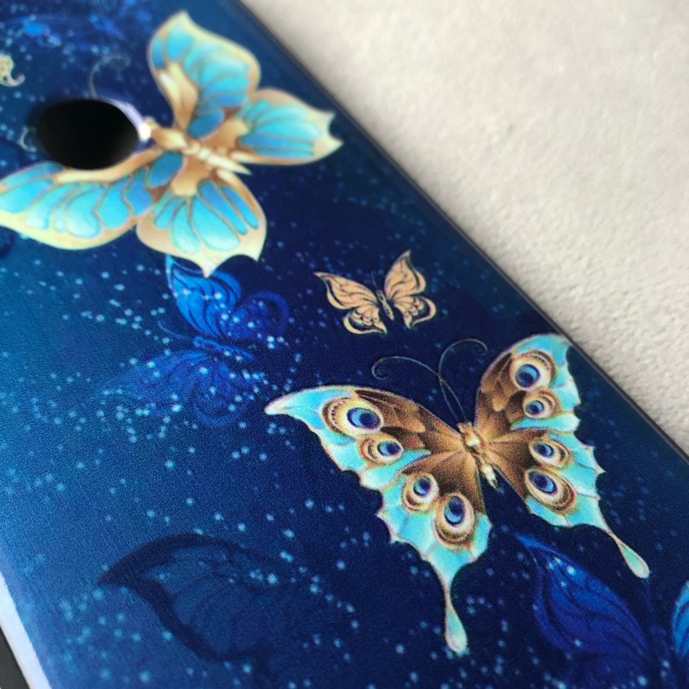 Samsung A20S Silicone Phone Case ~ Blue with Teal Gold Butterflies ~ Brand New!